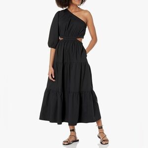 The Drop Women’s April One Shoulder Cut-Out Tiered Midi Dress Black Size M